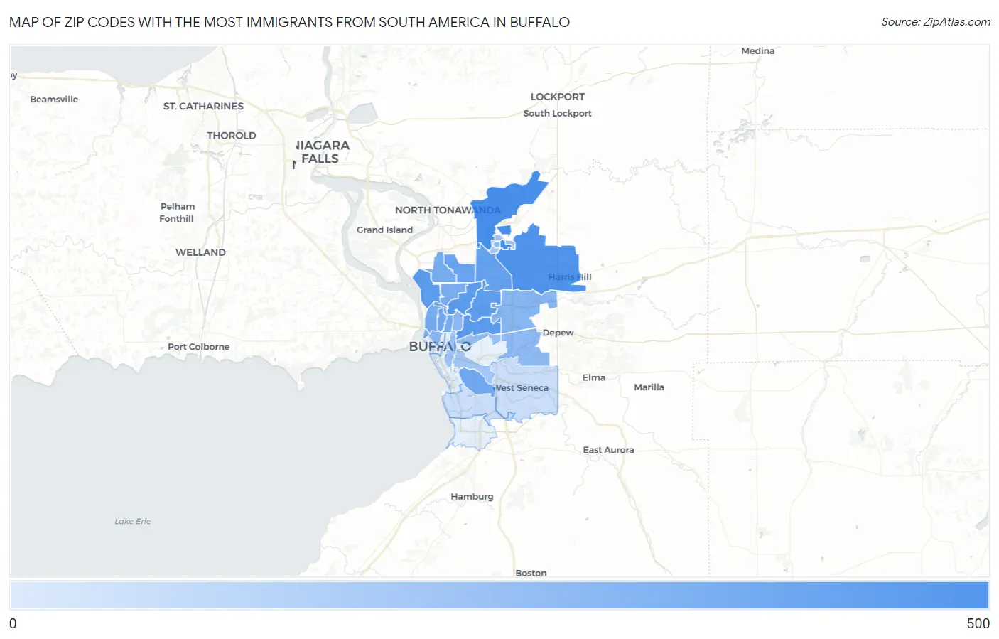 Zip Codes with the Most Immigrants from South America in Buffalo Map