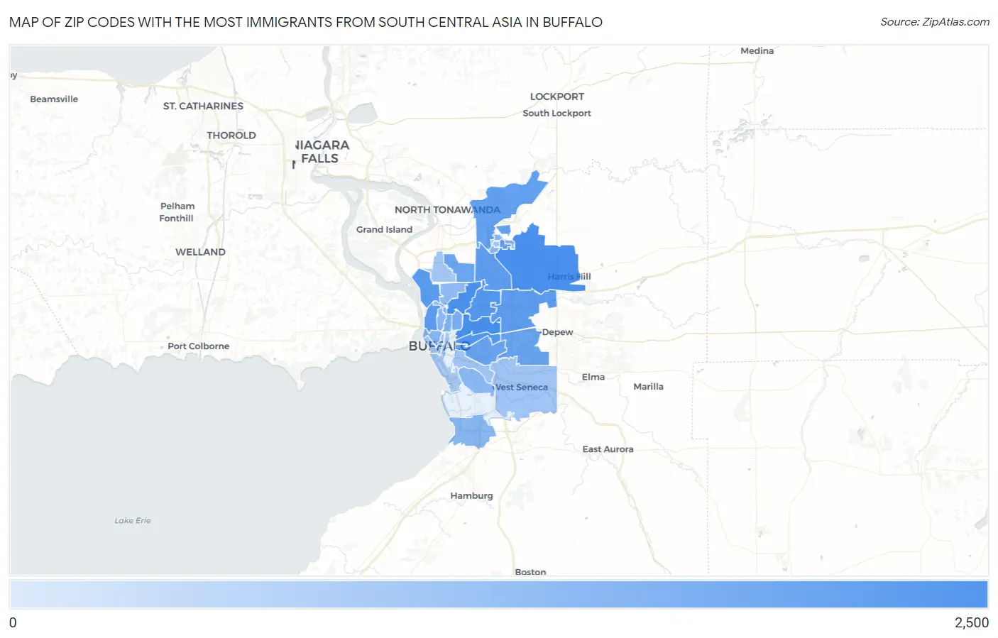 Zip Codes with the Most Immigrants from South Central Asia in Buffalo Map