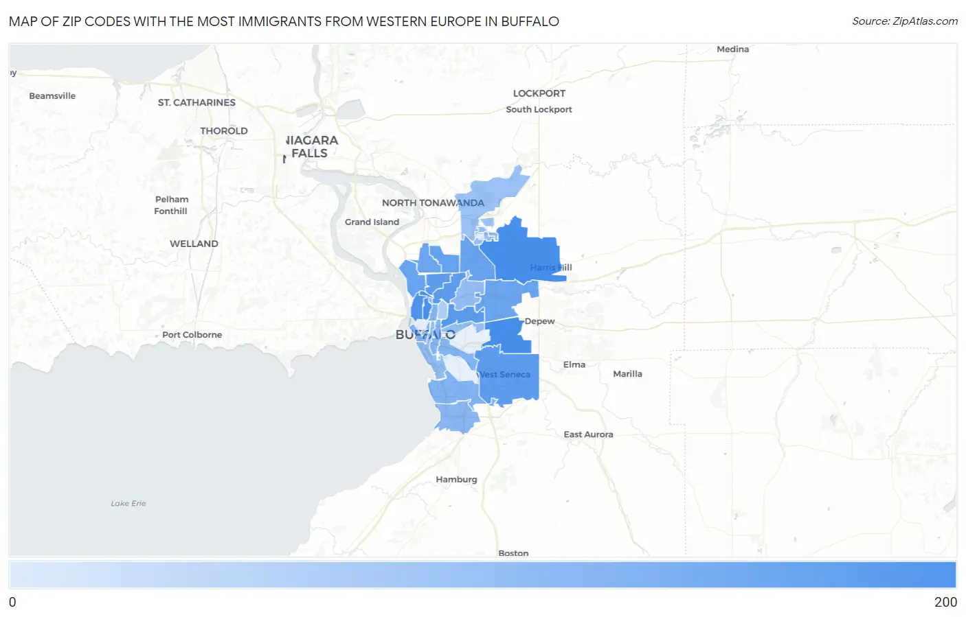 Zip Codes with the Most Immigrants from Western Europe in Buffalo Map