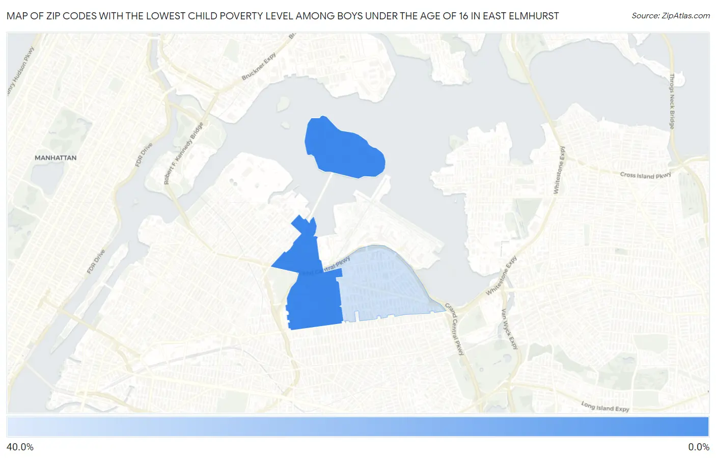 Zip Codes with the Lowest Child Poverty Level Among Boys Under the Age of 16 in East Elmhurst Map