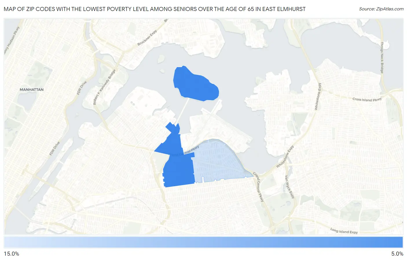 Zip Codes with the Lowest Poverty Level Among Seniors Over the Age of 65 in East Elmhurst Map