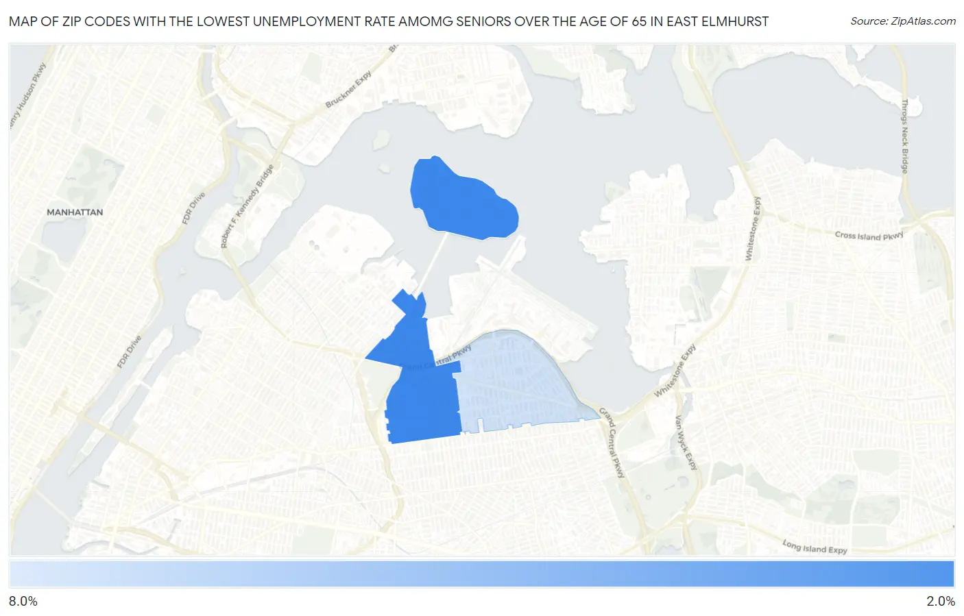 Zip Codes with the Lowest Unemployment Rate Amomg Seniors Over the Age of 65 in East Elmhurst Map