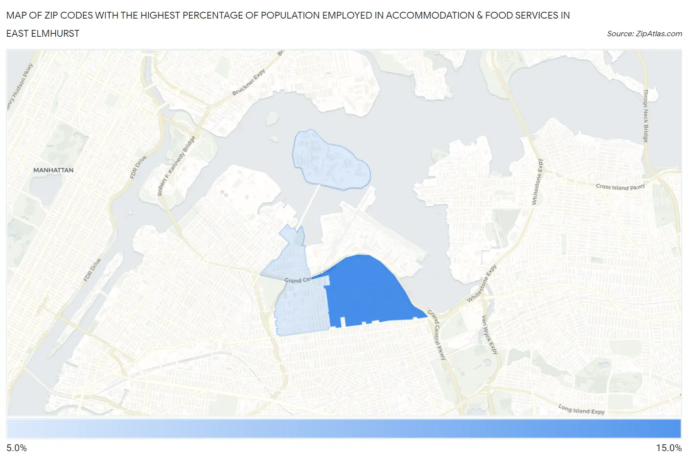 Zip Codes with the Highest Percentage of Population Employed in Accommodation & Food Services in East Elmhurst Map