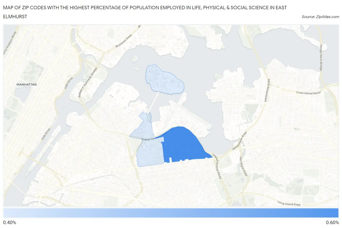 Zip Codes with the Highest Percentage of Population Employed in Life, Physical & Social Science in East Elmhurst Map