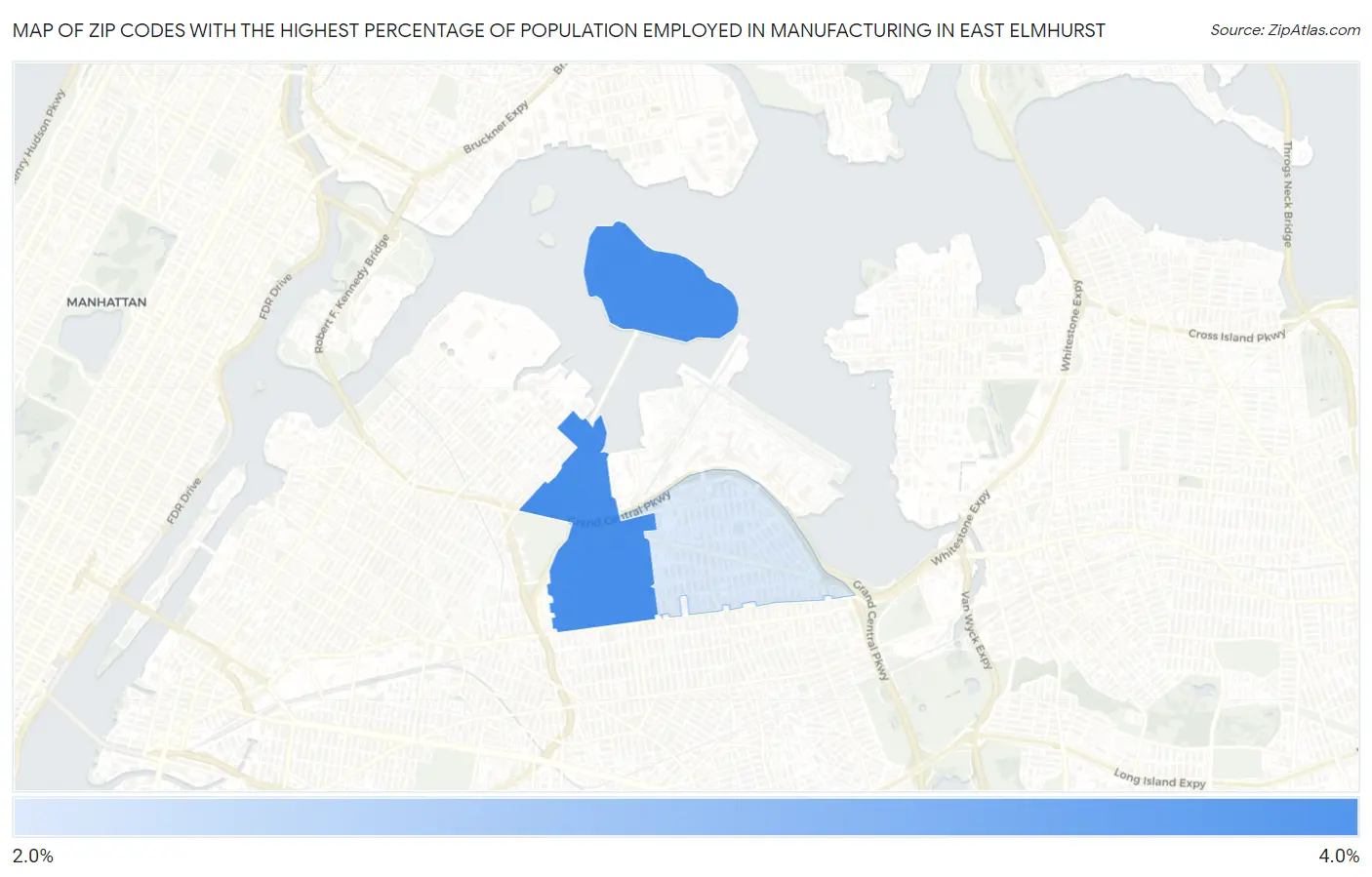 Zip Codes with the Highest Percentage of Population Employed in Manufacturing in East Elmhurst Map