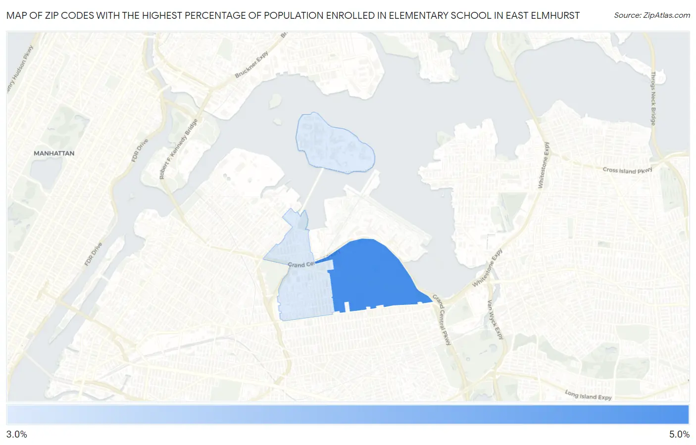 Zip Codes with the Highest Percentage of Population Enrolled in Elementary School in East Elmhurst Map