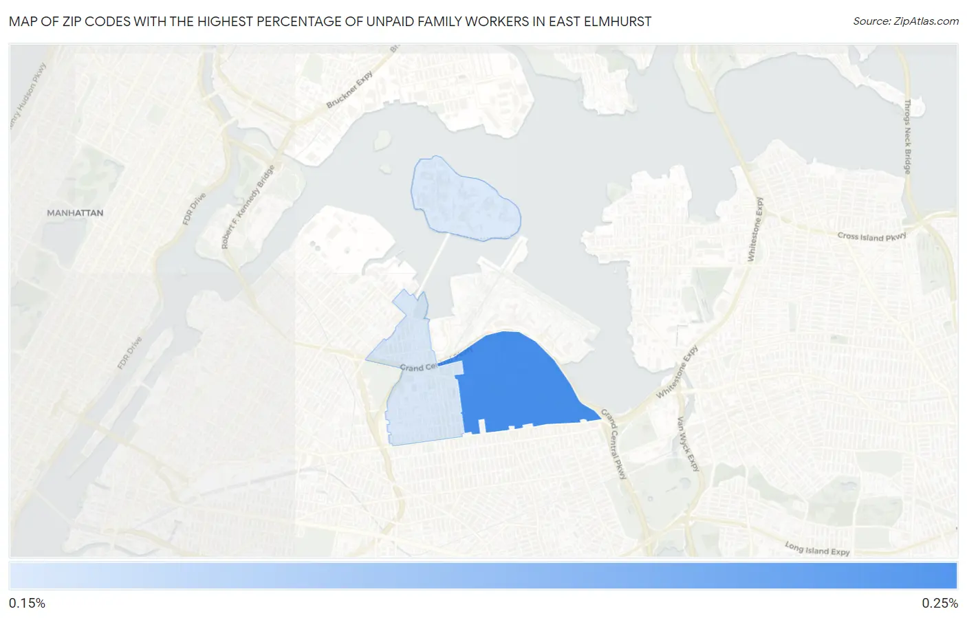 Zip Codes with the Highest Percentage of Unpaid Family Workers in East Elmhurst Map