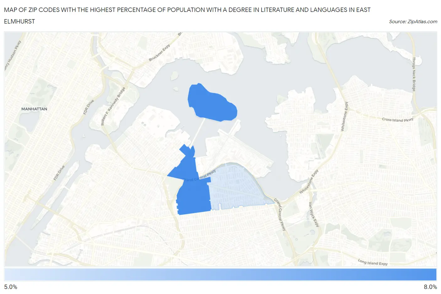 Zip Codes with the Highest Percentage of Population with a Degree in Literature and Languages in East Elmhurst Map
