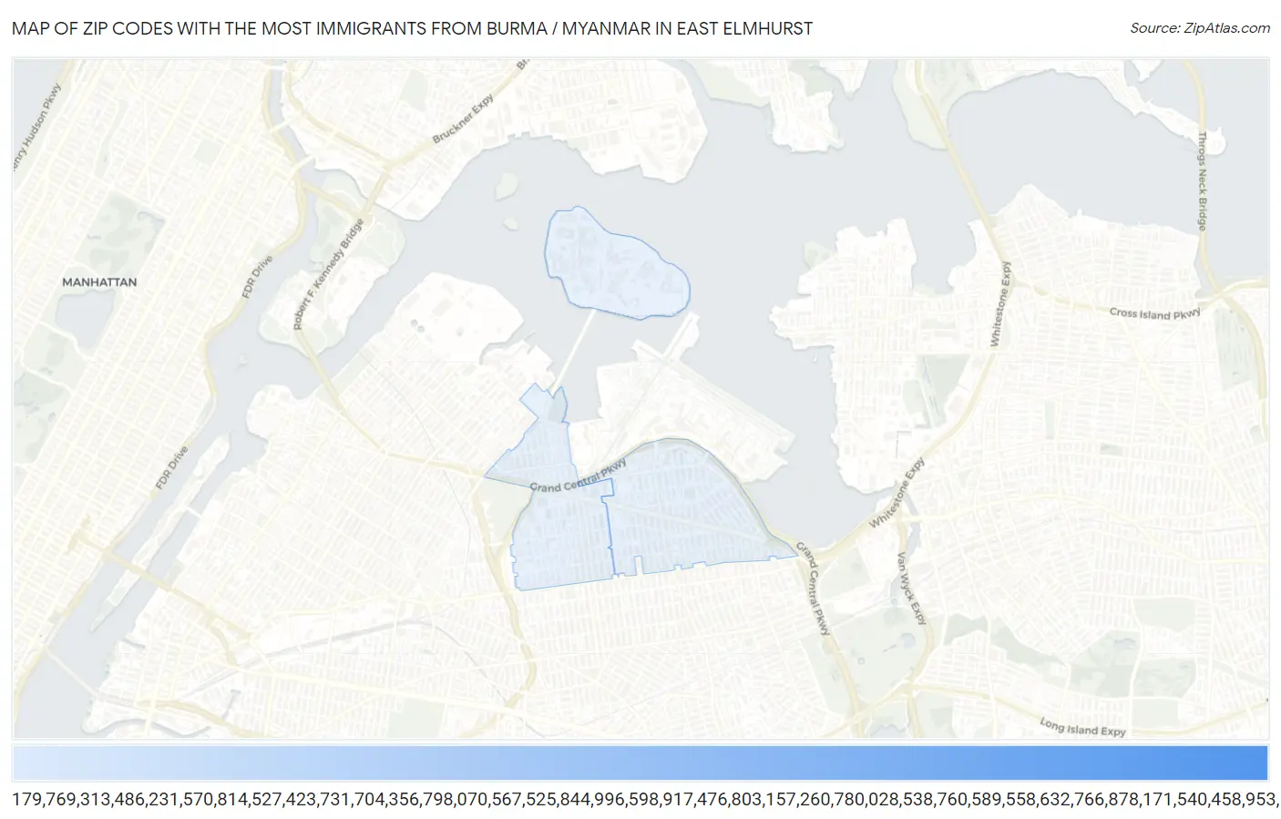 Zip Codes with the Most Immigrants from Burma / Myanmar in East Elmhurst Map
