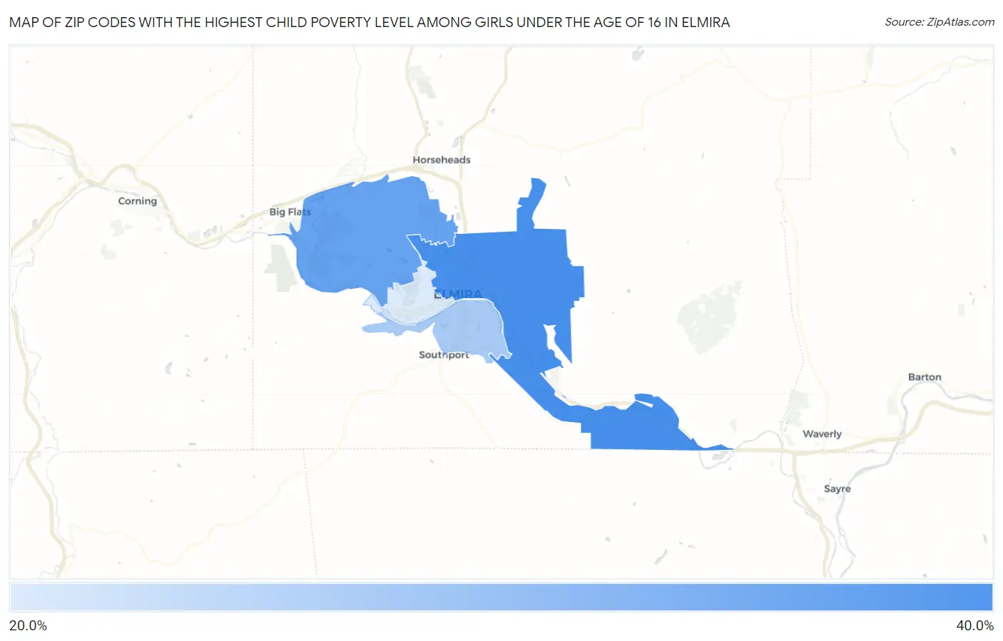 Zip Codes with the Highest Child Poverty Level Among Girls Under the Age of 16 in Elmira Map