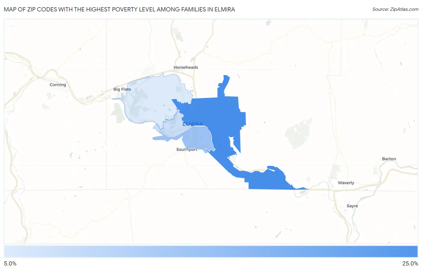 Zip Codes with the Highest Poverty Level Among Families in Elmira Map