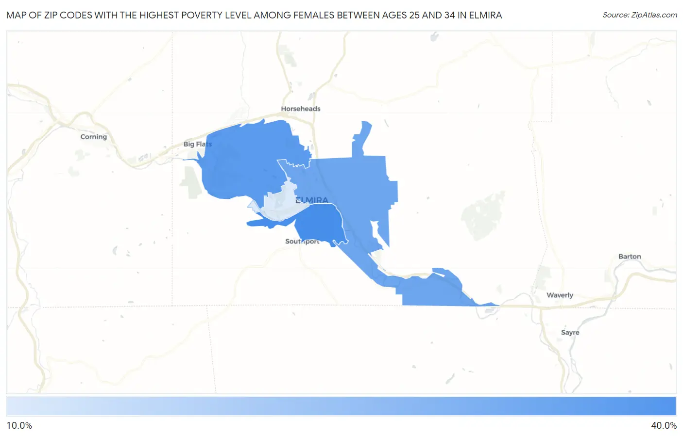 Zip Codes with the Highest Poverty Level Among Females Between Ages 25 and 34 in Elmira Map