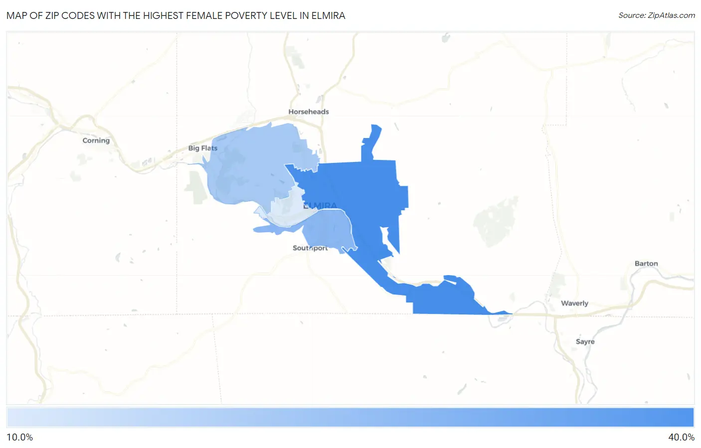 Zip Codes with the Highest Female Poverty Level in Elmira Map