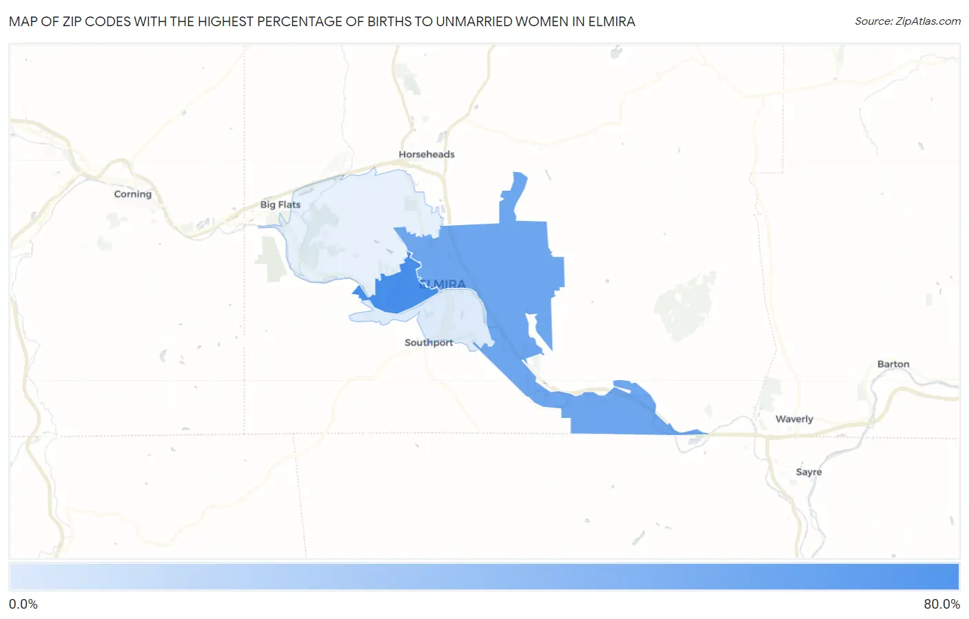 Zip Codes with the Highest Percentage of Births to Unmarried Women in Elmira Map