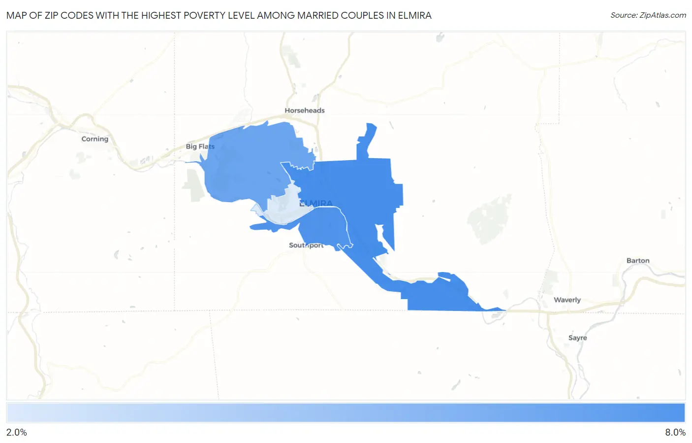 Zip Codes with the Highest Poverty Level Among Married Couples in Elmira Map