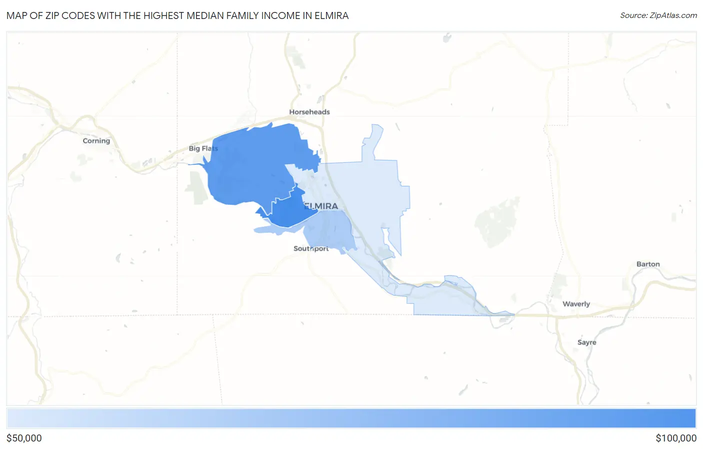 Zip Codes with the Highest Median Family Income in Elmira Map
