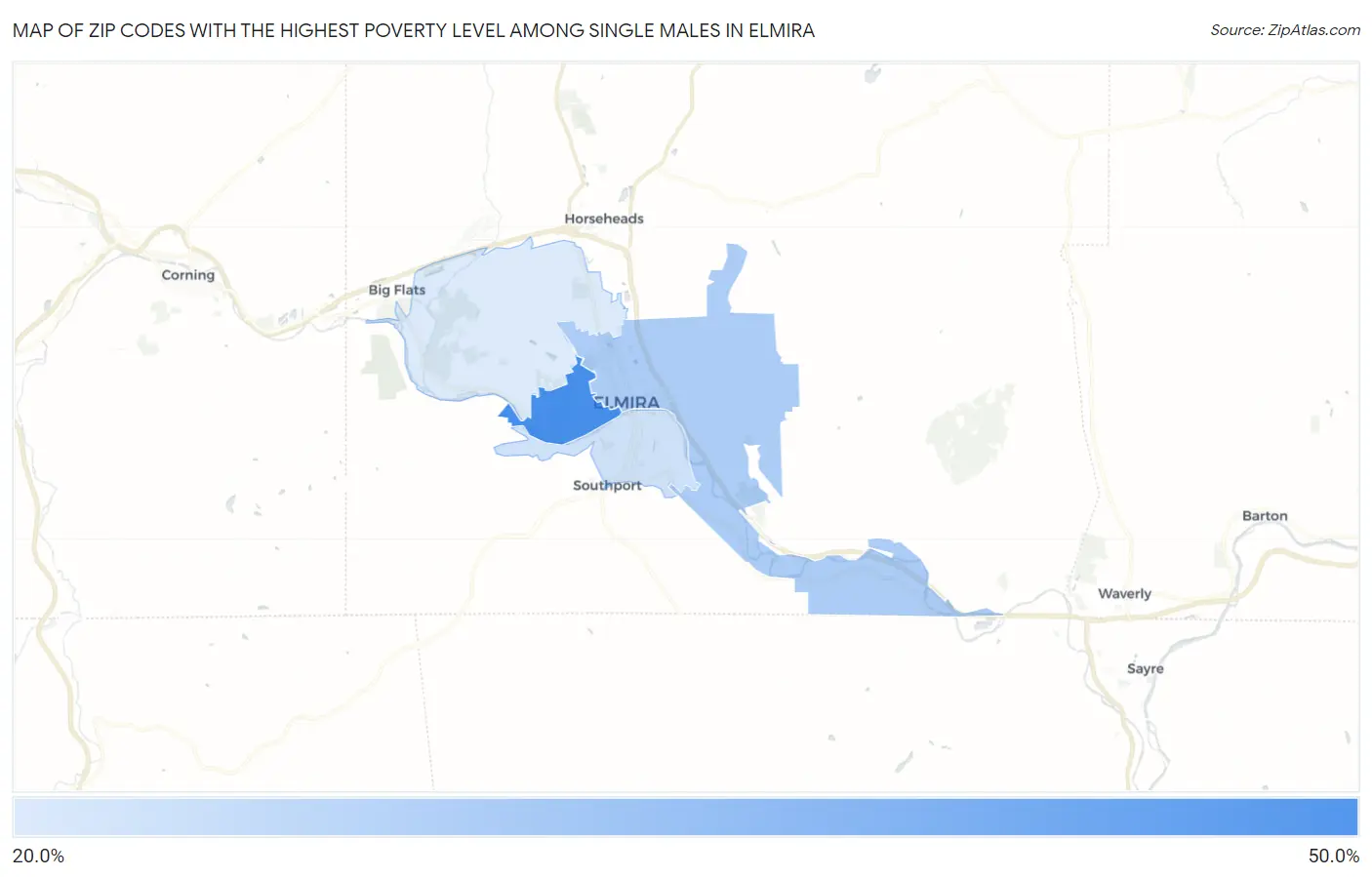Zip Codes with the Highest Poverty Level Among Single Males in Elmira Map