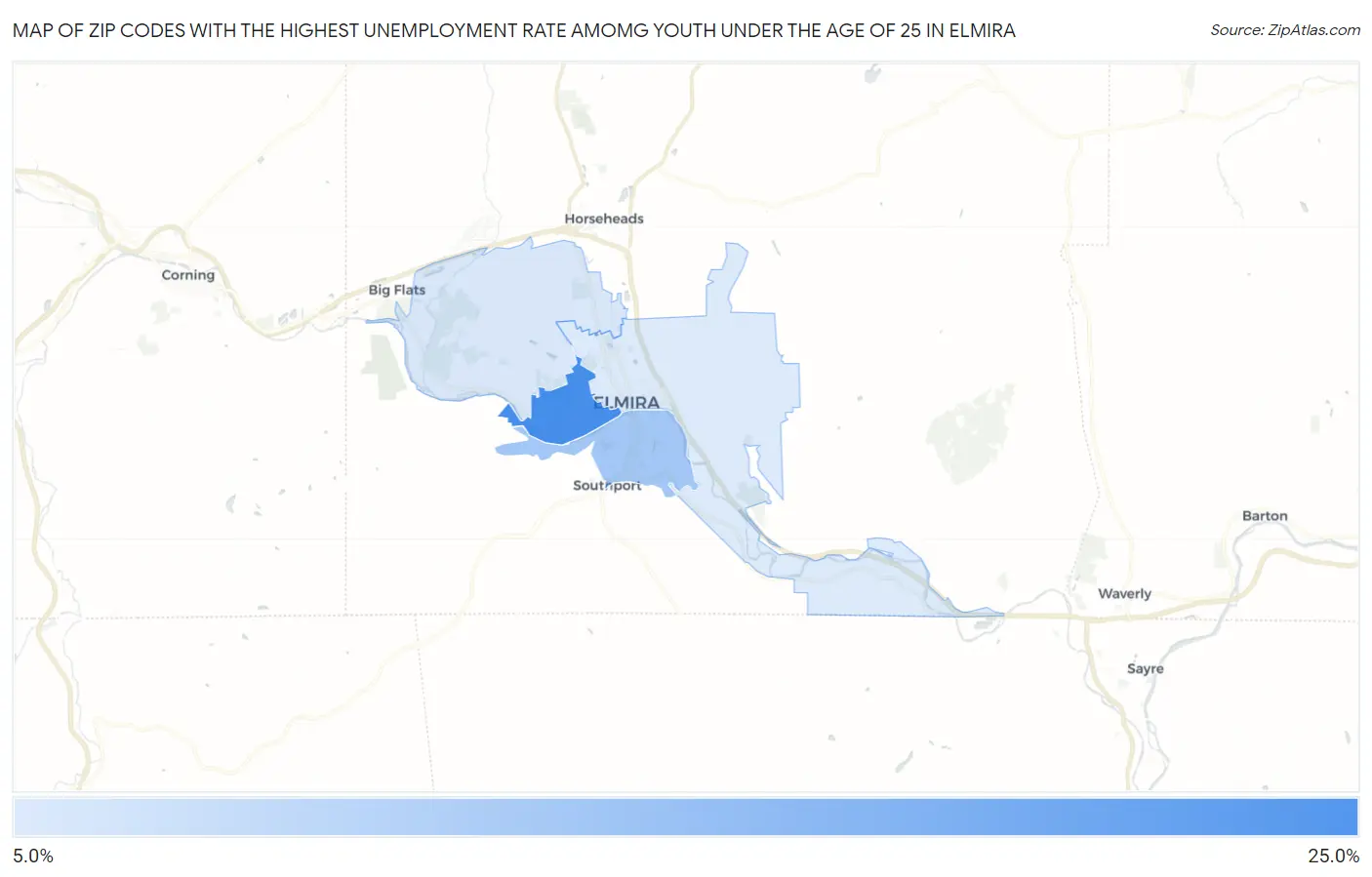 Zip Codes with the Highest Unemployment Rate Amomg Youth Under the Age of 25 in Elmira Map
