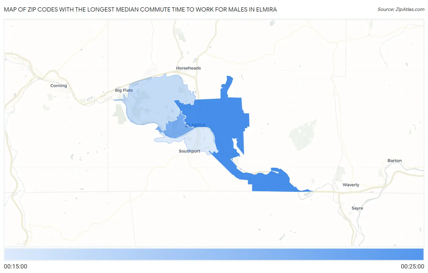Zip Codes with the Longest Median Commute Time to Work for Males in Elmira Map