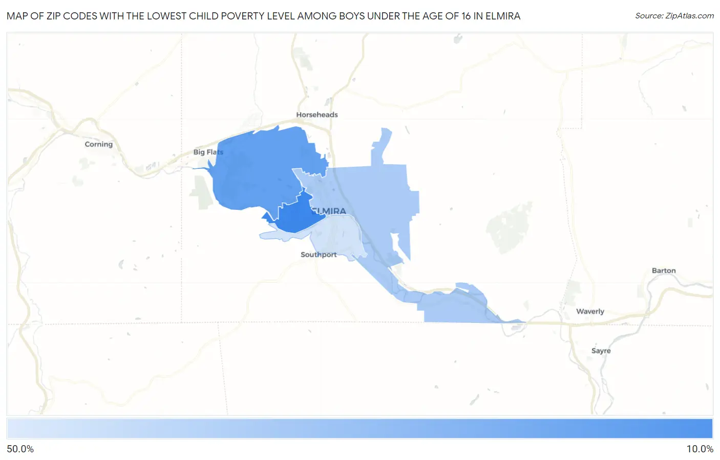 Zip Codes with the Lowest Child Poverty Level Among Boys Under the Age of 16 in Elmira Map