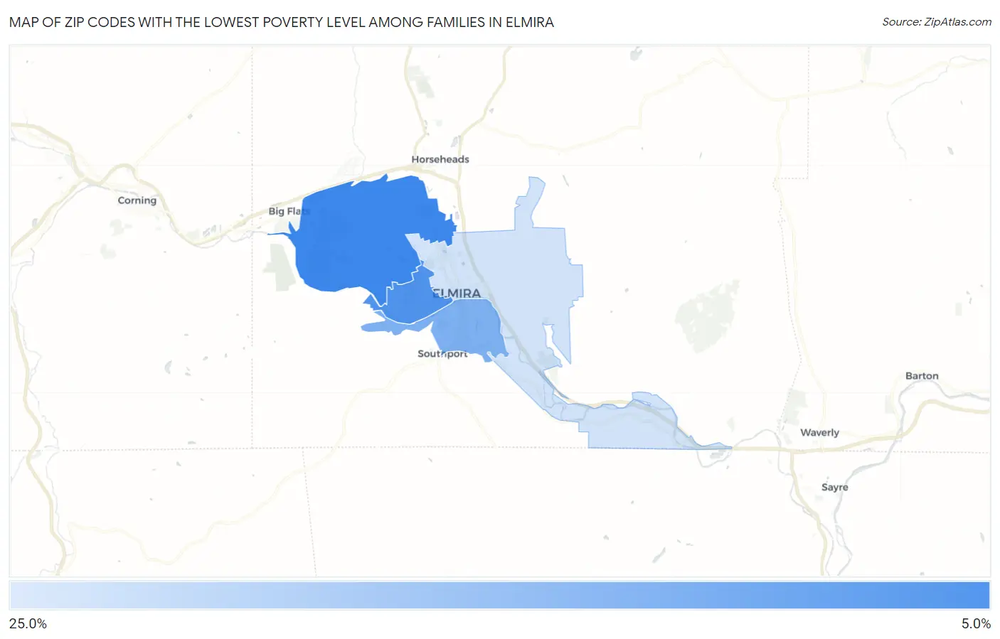 Zip Codes with the Lowest Poverty Level Among Families in Elmira Map