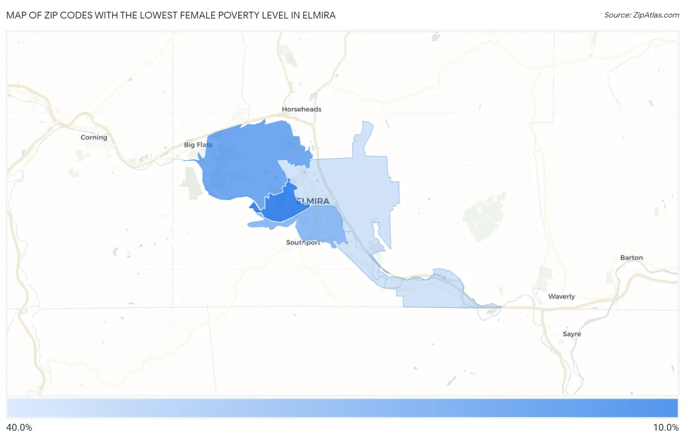 Zip Codes with the Lowest Female Poverty Level in Elmira Map