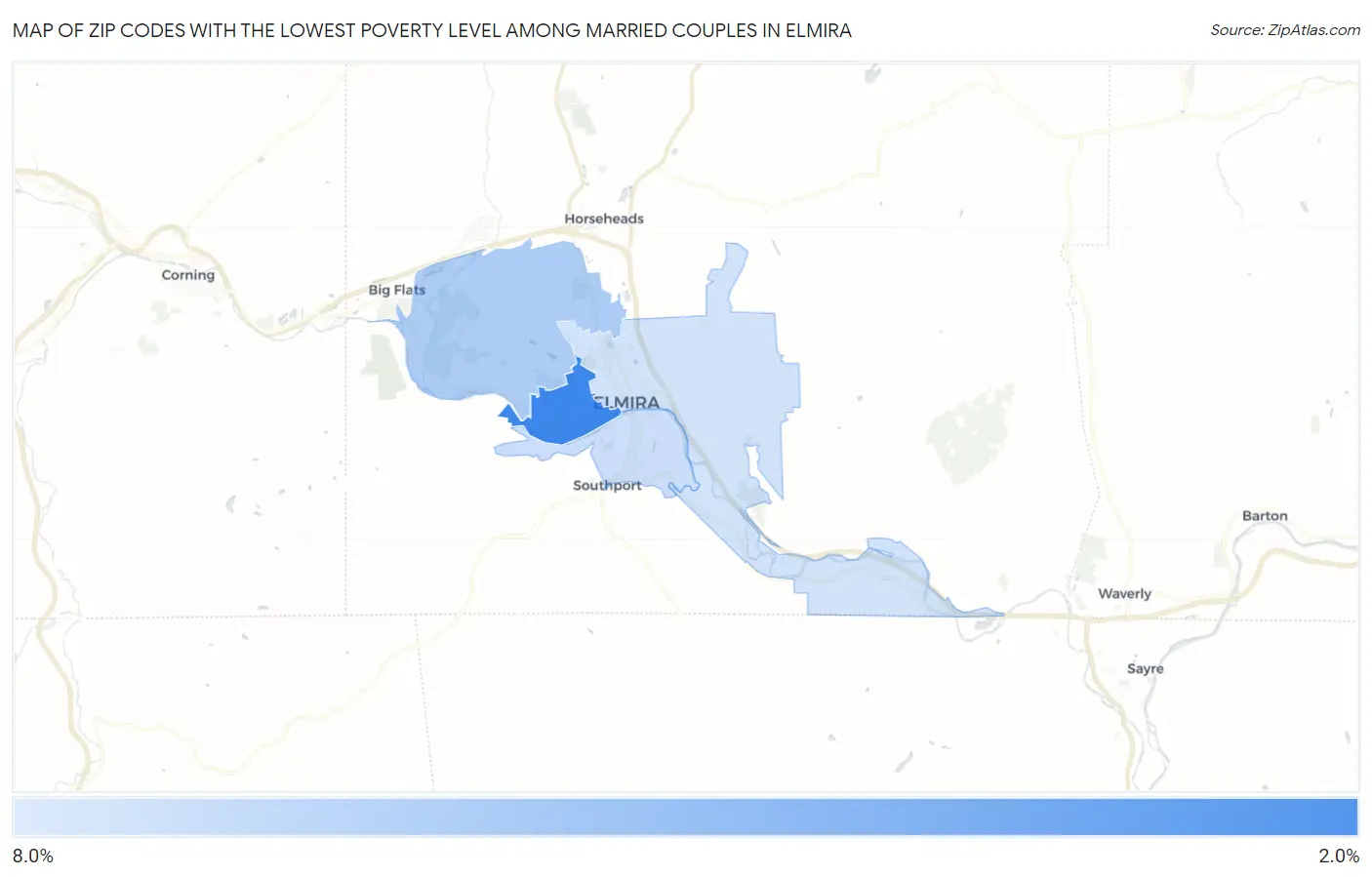 Zip Codes with the Lowest Poverty Level Among Married Couples in Elmira Map