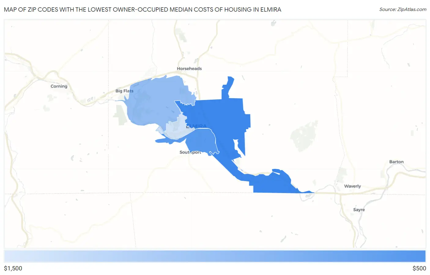 Zip Codes with the Lowest Owner-Occupied Median Costs of Housing in Elmira Map