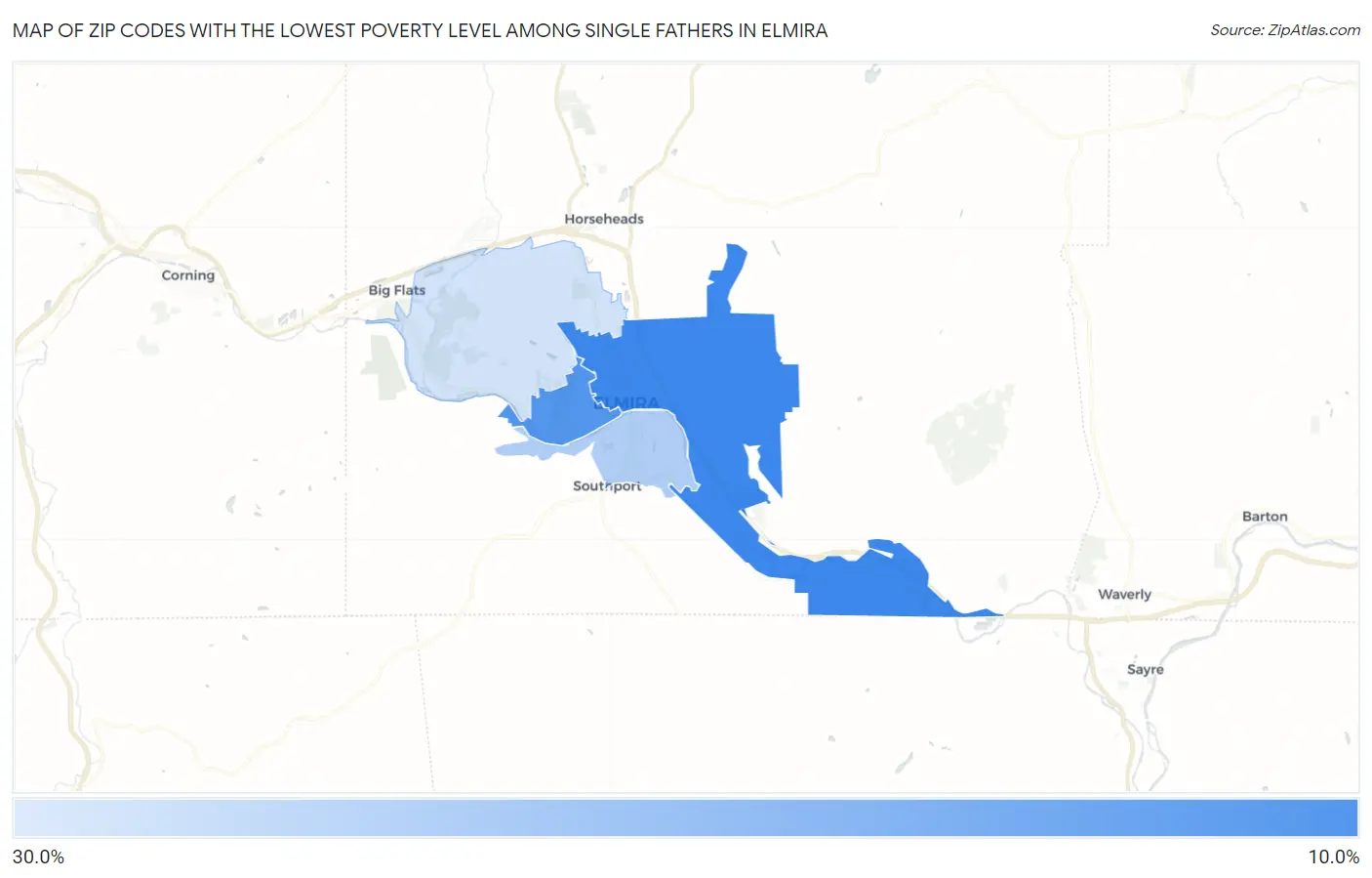 Zip Codes with the Lowest Poverty Level Among Single Fathers in Elmira Map