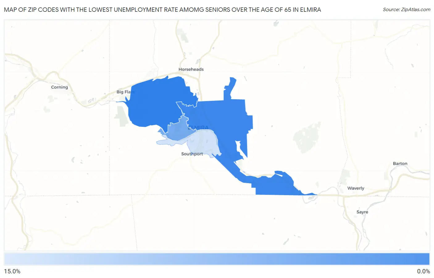 Zip Codes with the Lowest Unemployment Rate Amomg Seniors Over the Age of 65 in Elmira Map
