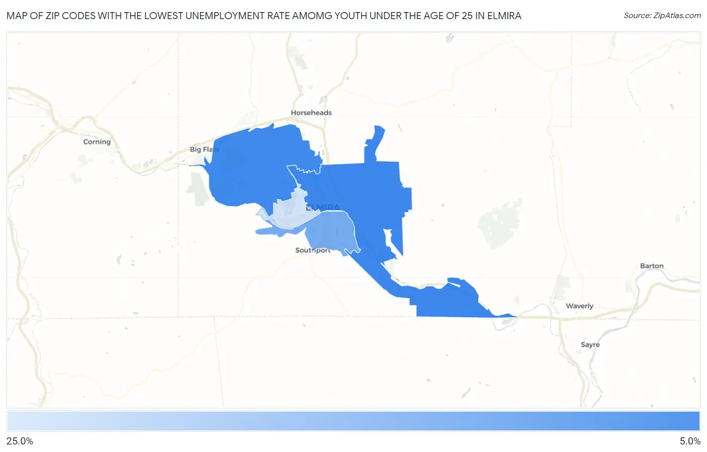Zip Codes with the Lowest Unemployment Rate Amomg Youth Under the Age of 25 in Elmira Map