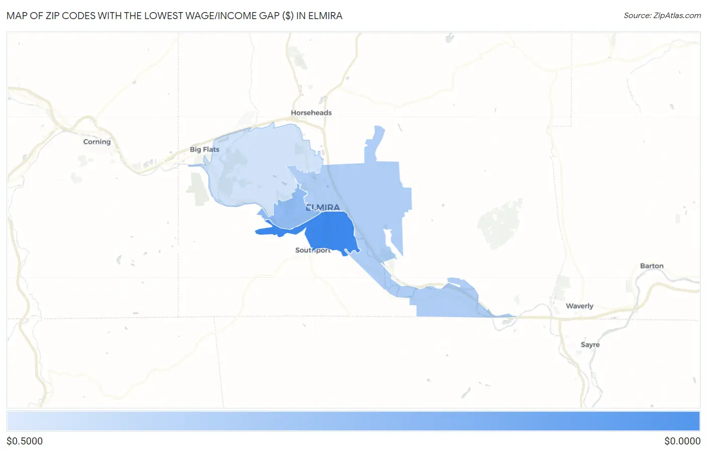 Zip Codes with the Lowest Wage/Income Gap ($) in Elmira Map