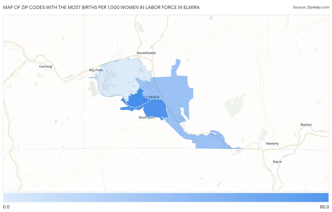 Zip Codes with the Most Births per 1,000 Women in Labor Force in Elmira Map
