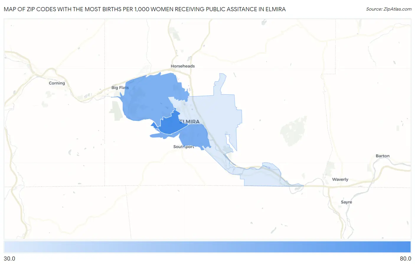 Zip Codes with the Most Births per 1,000 Women Receiving Public Assitance in Elmira Map
