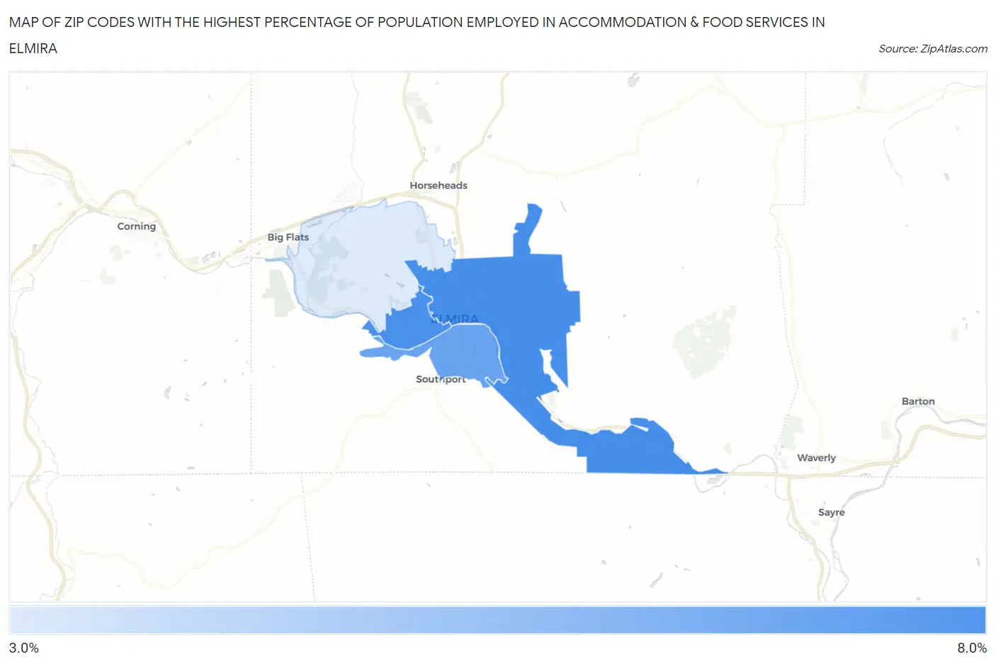 Zip Codes with the Highest Percentage of Population Employed in Accommodation & Food Services in Elmira Map