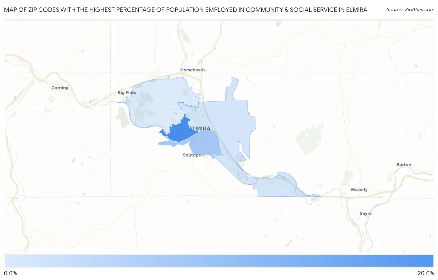 Zip Codes with the Highest Percentage of Population Employed in Community & Social Service  in Elmira Map