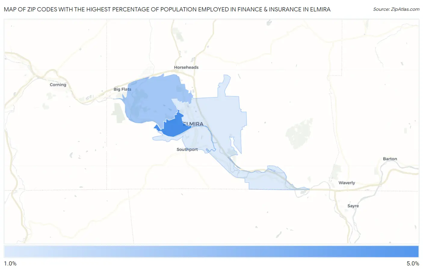 Zip Codes with the Highest Percentage of Population Employed in Finance & Insurance in Elmira Map