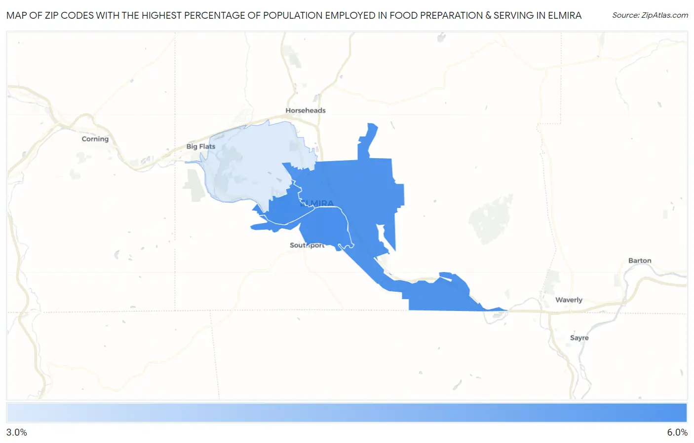 Zip Codes with the Highest Percentage of Population Employed in Food Preparation & Serving in Elmira Map