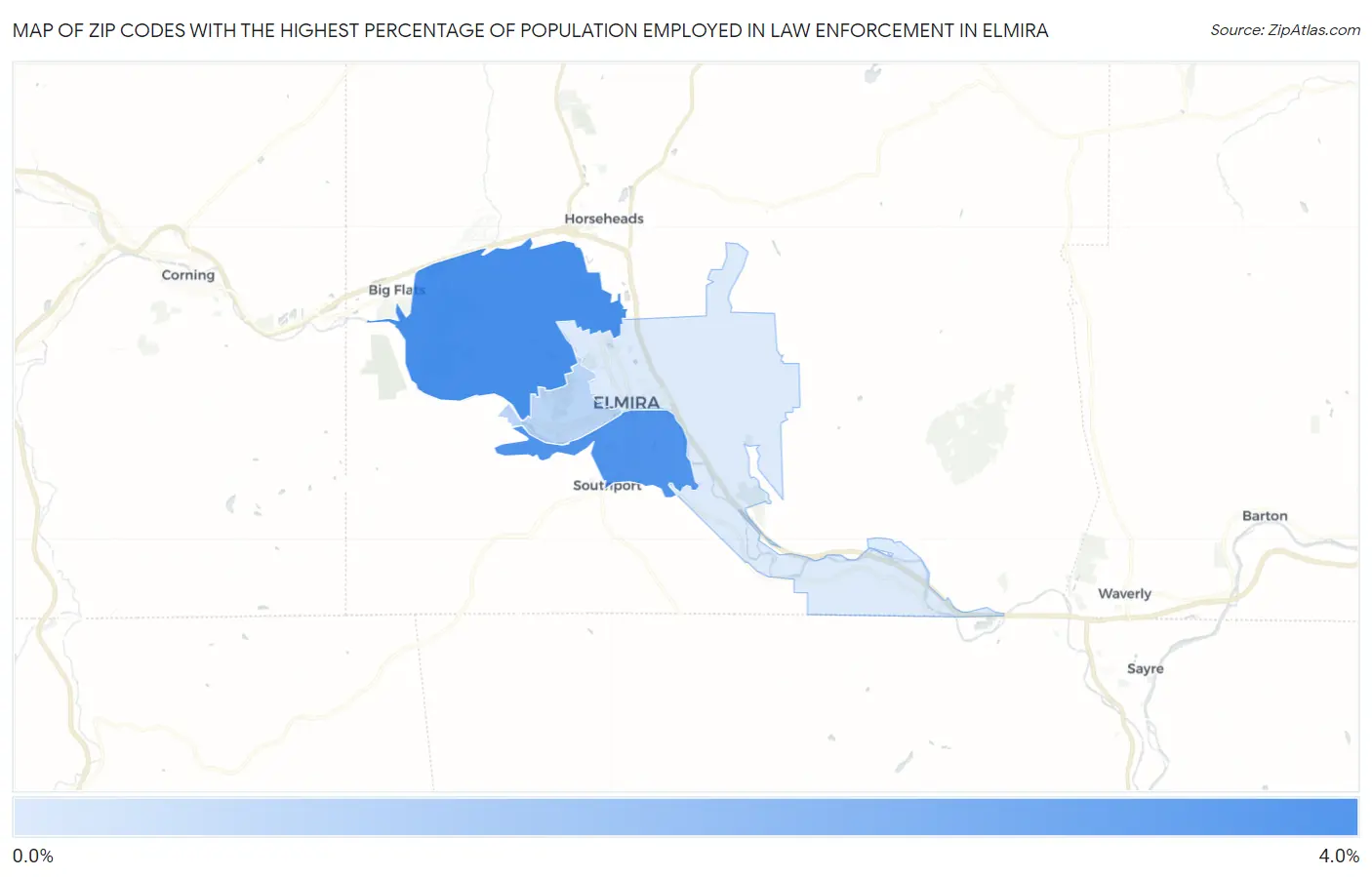 Zip Codes with the Highest Percentage of Population Employed in Law Enforcement in Elmira Map