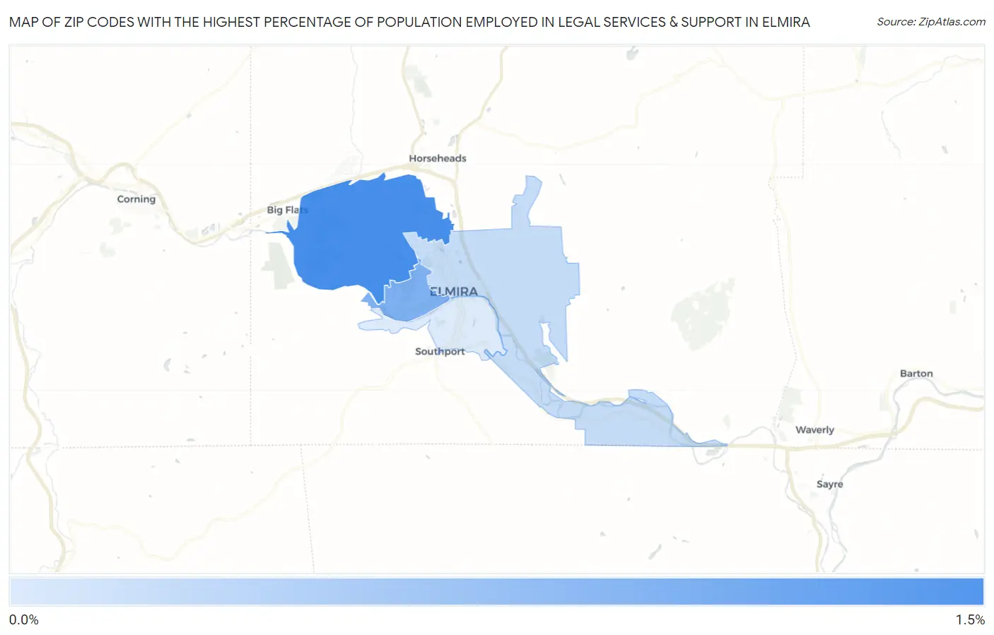 Zip Codes with the Highest Percentage of Population Employed in Legal Services & Support in Elmira Map
