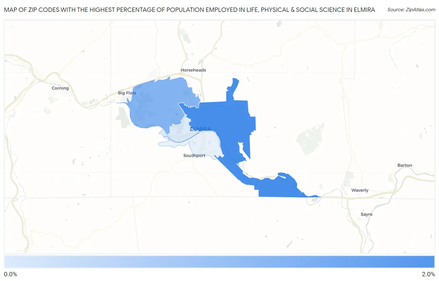 Zip Codes with the Highest Percentage of Population Employed in Life, Physical & Social Science in Elmira Map