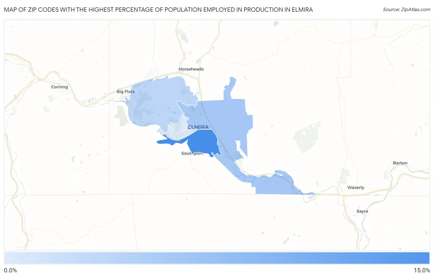 Zip Codes with the Highest Percentage of Population Employed in Production in Elmira Map