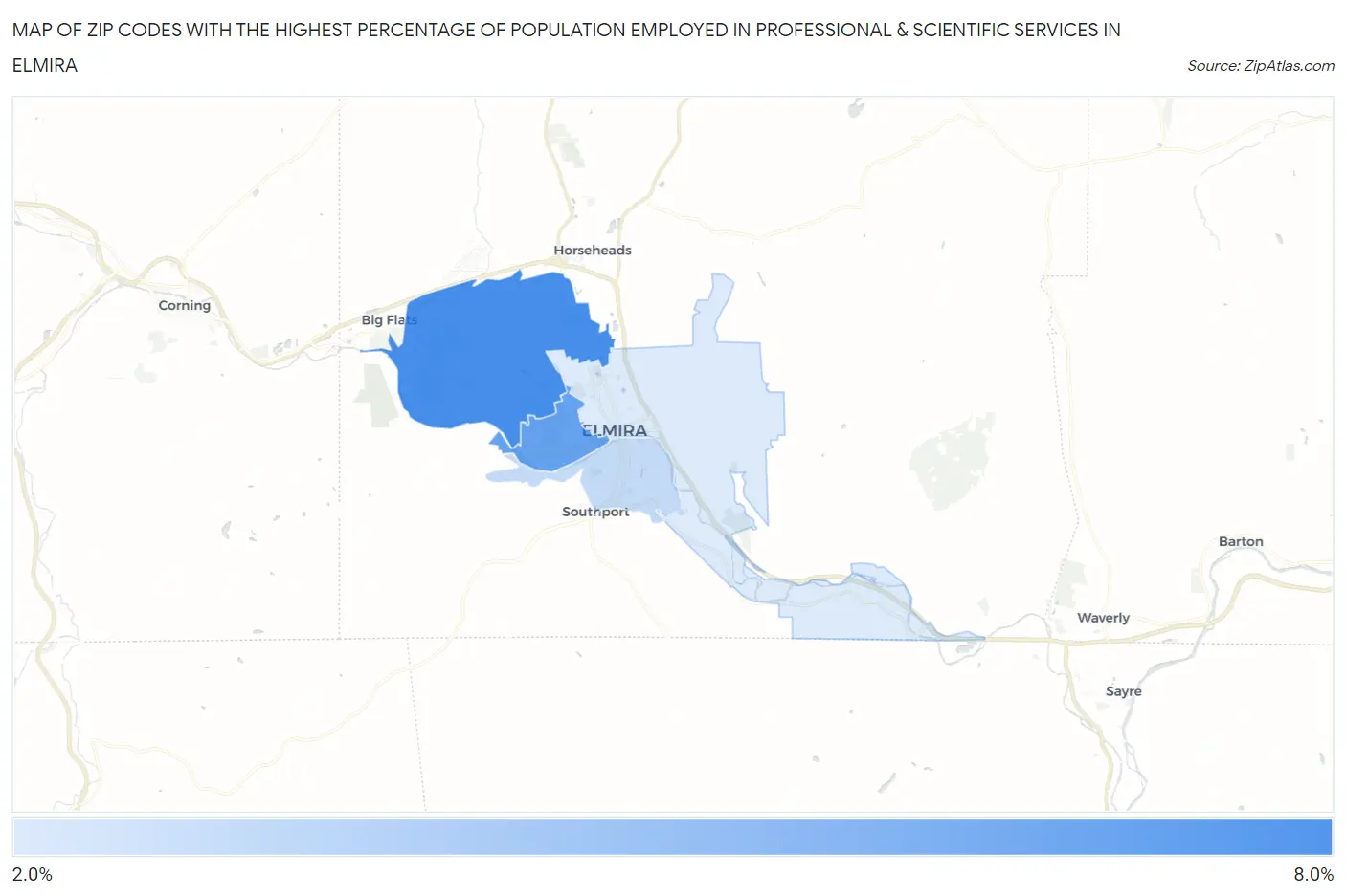 Zip Codes with the Highest Percentage of Population Employed in Professional & Scientific Services in Elmira Map