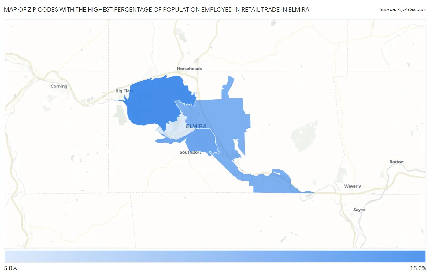 Zip Codes with the Highest Percentage of Population Employed in Retail Trade in Elmira Map