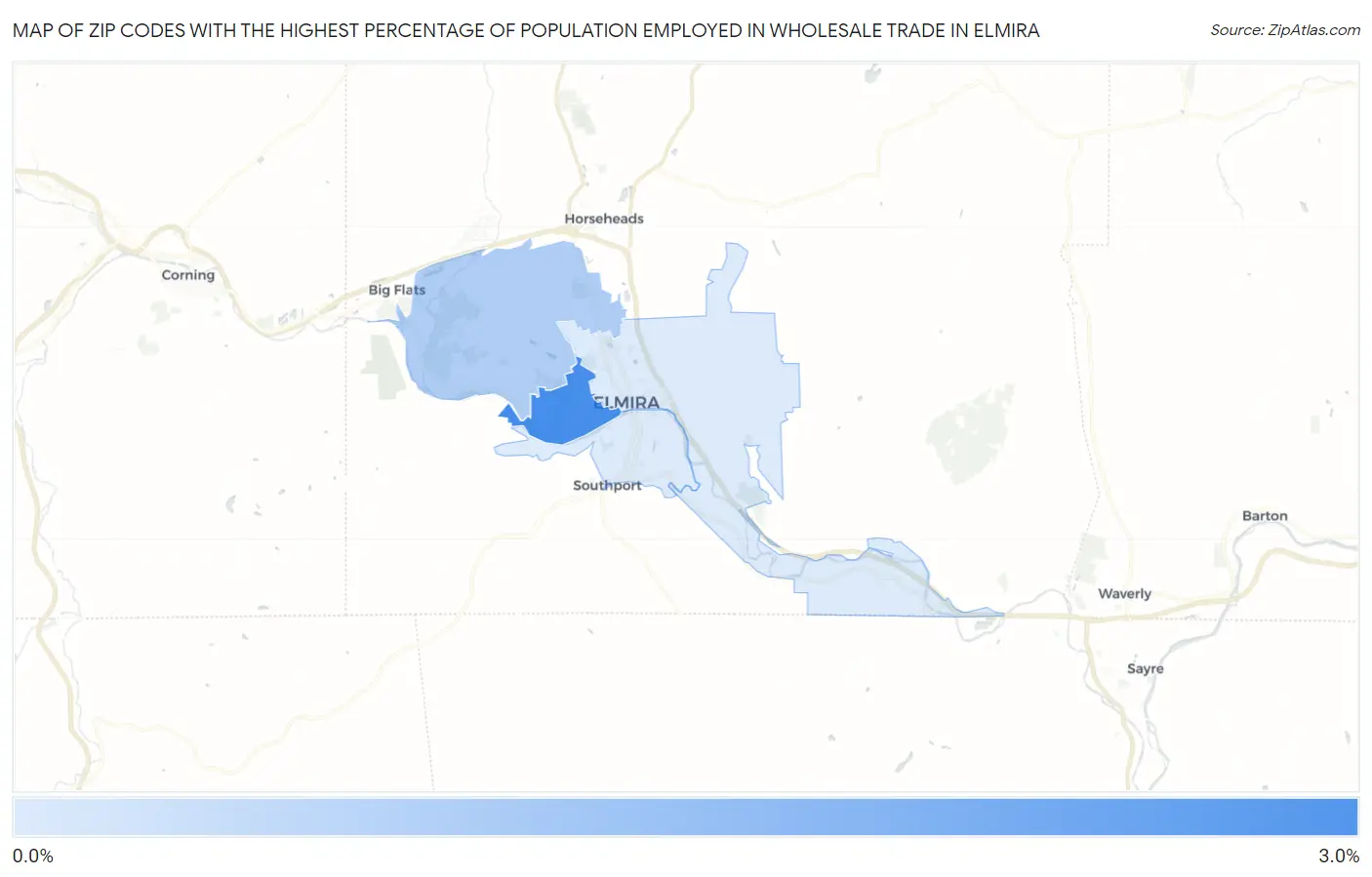 Zip Codes with the Highest Percentage of Population Employed in Wholesale Trade in Elmira Map