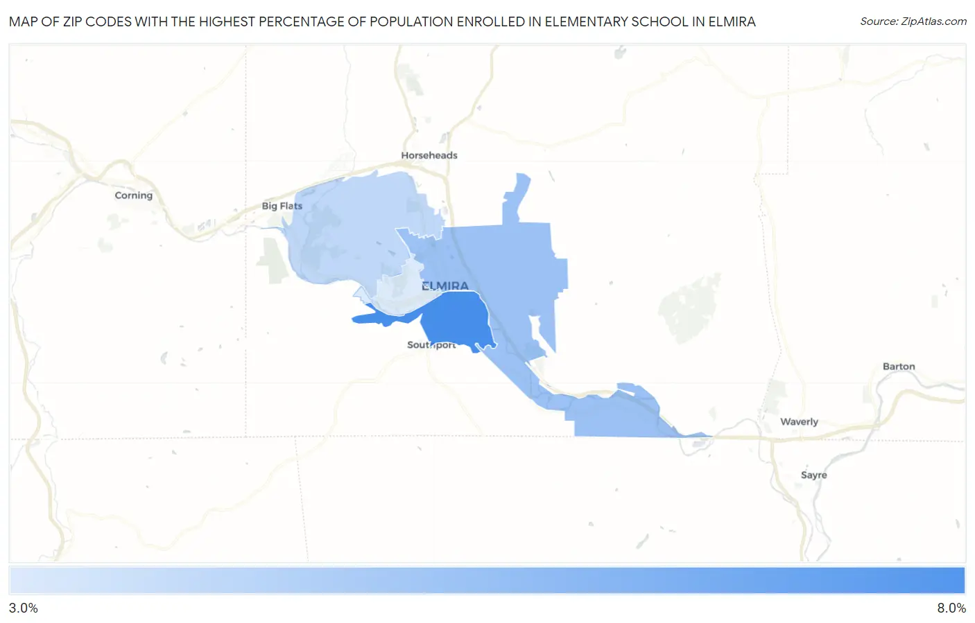 Zip Codes with the Highest Percentage of Population Enrolled in Elementary School in Elmira Map