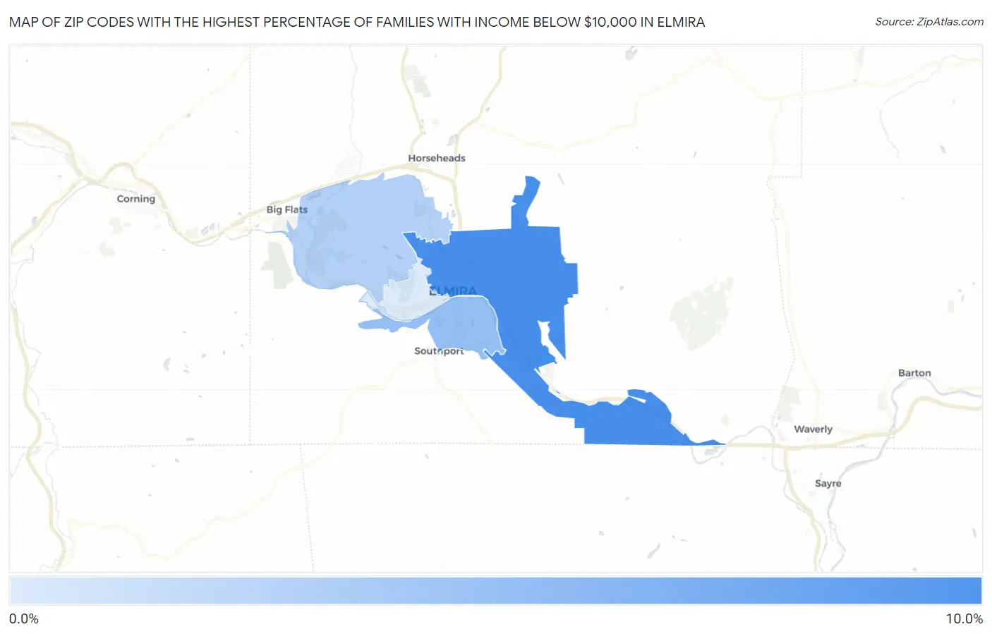 Zip Codes with the Highest Percentage of Families with Income Below $10,000 in Elmira Map