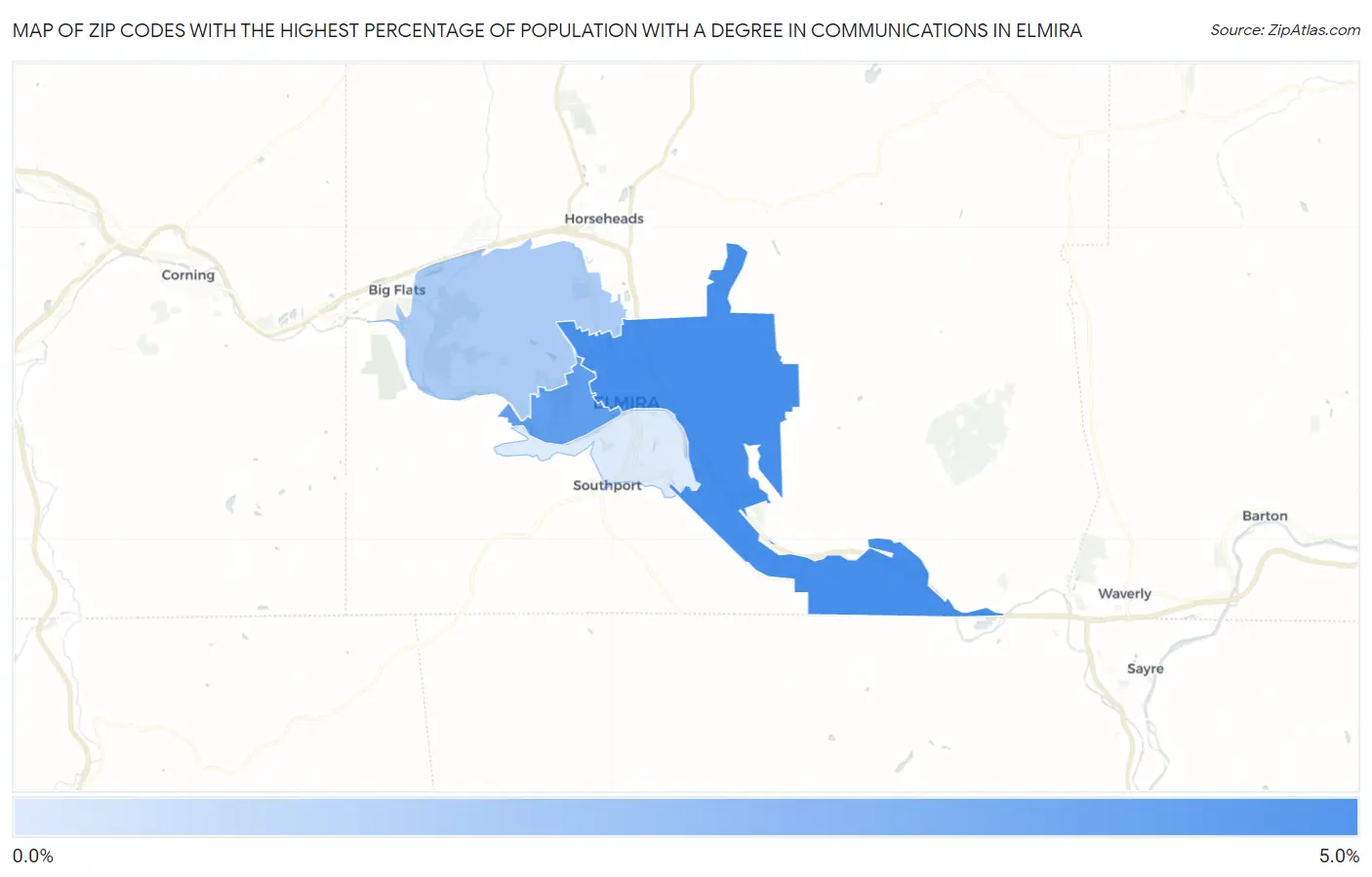 Zip Codes with the Highest Percentage of Population with a Degree in Communications in Elmira Map