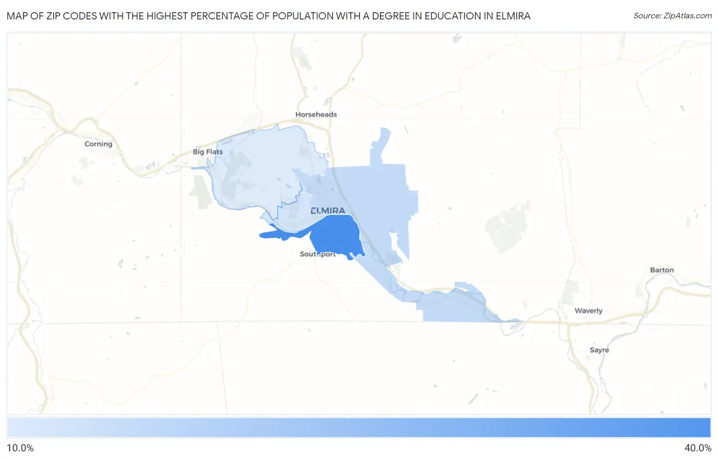 Zip Codes with the Highest Percentage of Population with a Degree in Education in Elmira Map