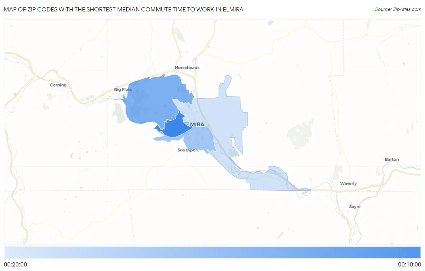 Zip Codes with the Shortest Median Commute Time to Work in Elmira Map